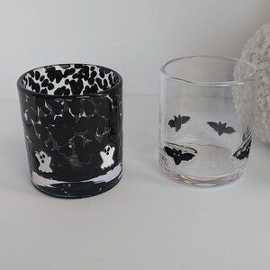 Set of 2 Halloween Glass Drinking Whiskey / Iced Coffee Glasses Ghost and Bats